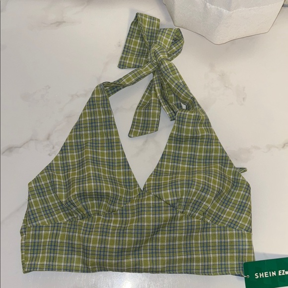 SHEIN Tops - SHEIN EZWear Women’s Blue & Green Plaid Halter Top Crop Top Size Medium